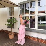 Women Cascading Ruffles Sexy Pink Spaghetti Strap Backless Maxi Dress