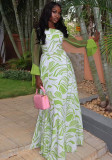 Women's Printed One-Shoulder Asymmetrical A-Line Slash Shoulder Long-Sleeve Dress