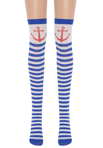 Halloween Blue and White Sailor Knee-High Socks for Women, Christmas Masquerade Cosplay Navy Stripe Stockings