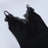 Women V‑Neck Lace Strap Dress Black White Color Block Patchwork Lace Trim Split Mermaid Dress