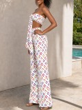 Women Holidays Printed Sexy Strapless Lace‑Up Top And Wide Leg Pants Two Piece Set