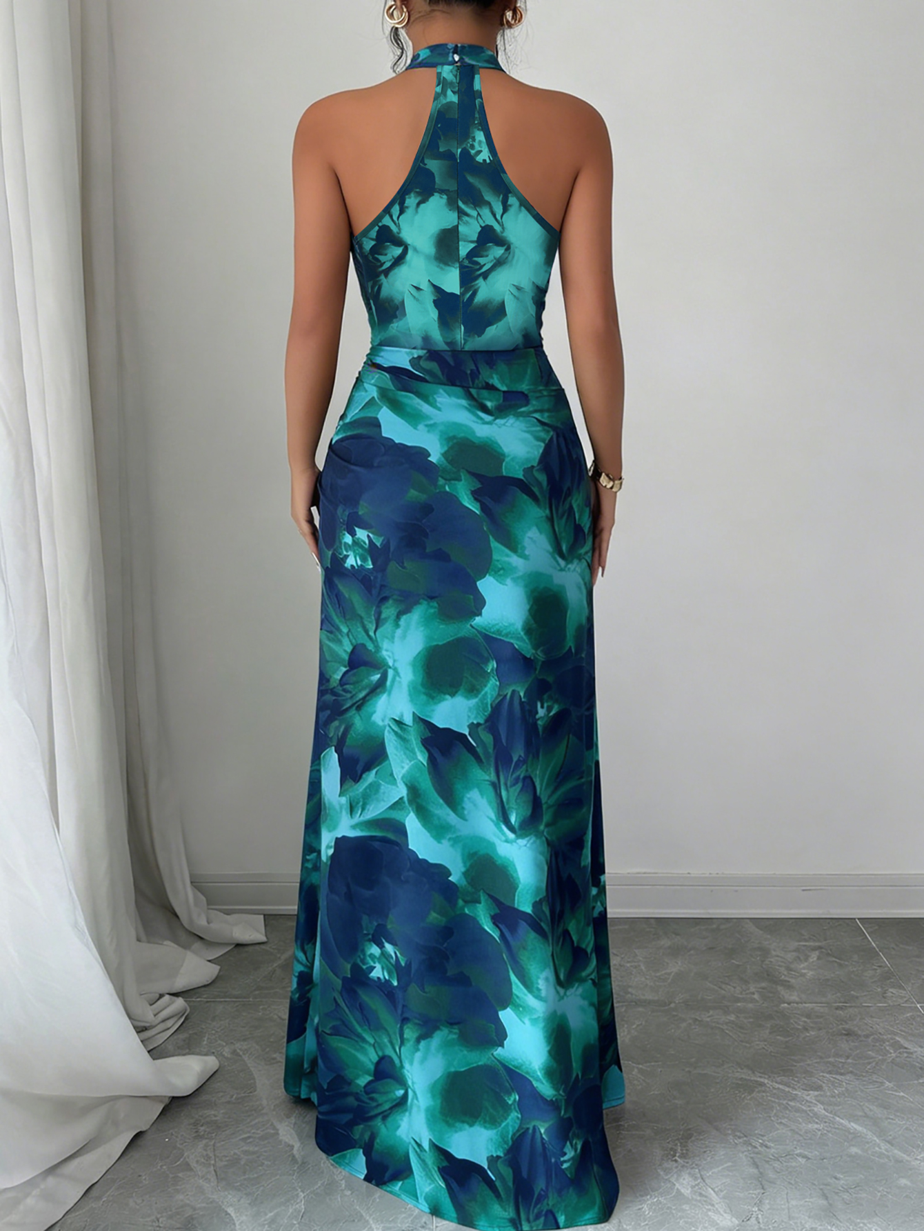 Halter Neck Backless Printed Maxi Dress for Holidays
