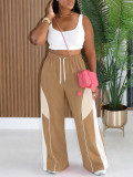 Women Casual Drawstring Color Block Patchwork Wide Leg Pants