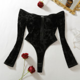 Women Off‑Shoulder Long Sleeve Crotch‑Open Shapewear Bodysuit