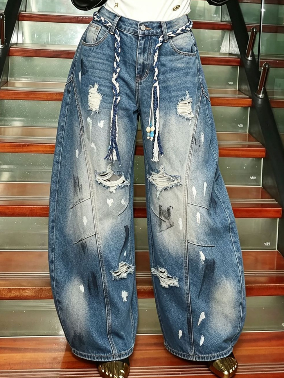Splash Ink Graffiti Ripped Denim Pants