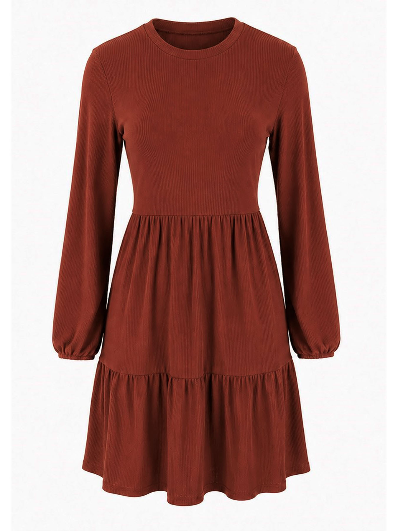 Long Sleeve Ribbed Lantern Sleeve Smocked Dress