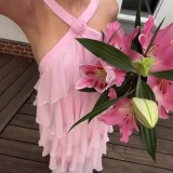 Women Cascading Ruffles Sexy Pink Spaghetti Strap Backless Maxi Dress