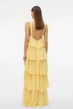 Women Cascading Ruffles Sexy Pink Spaghetti Strap Backless Maxi Dress