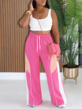 Women Casual Drawstring Color Block Patchwork Wide Leg Pants