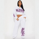 Women Letter Print Cropped Hoodie Casual Wide Leg Sweatpants Two Piece Set