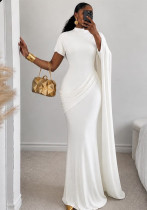Women's Elegant Slim Fit Bodycon Short-Sleeve High-Neck Lace-Up Maxi Dress