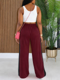 Women Casual Drawstring Color Block Patchwork Wide Leg Pants