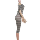 Women Summer Striped Sexy Strapless Off‑Shoulder Short Sleeve Top And Shorts Two Piece Set