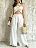 Women Stretchy Halter Neck Top & Pocketed Wide‑Leg Pants Two‑Piece Set