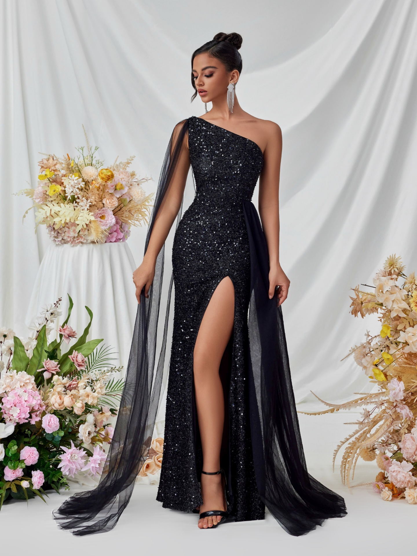 Slash Shoulder Sequin Mesh Sash-Detail Slit Evening Dress