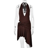 Women Sexy Twisted V‑Neck Halter Neck Backless Asymmetrical Dress