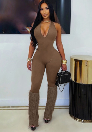 Women Autumn Patchwork Tassel Halter Neck Tie‑Up Jumpsuit