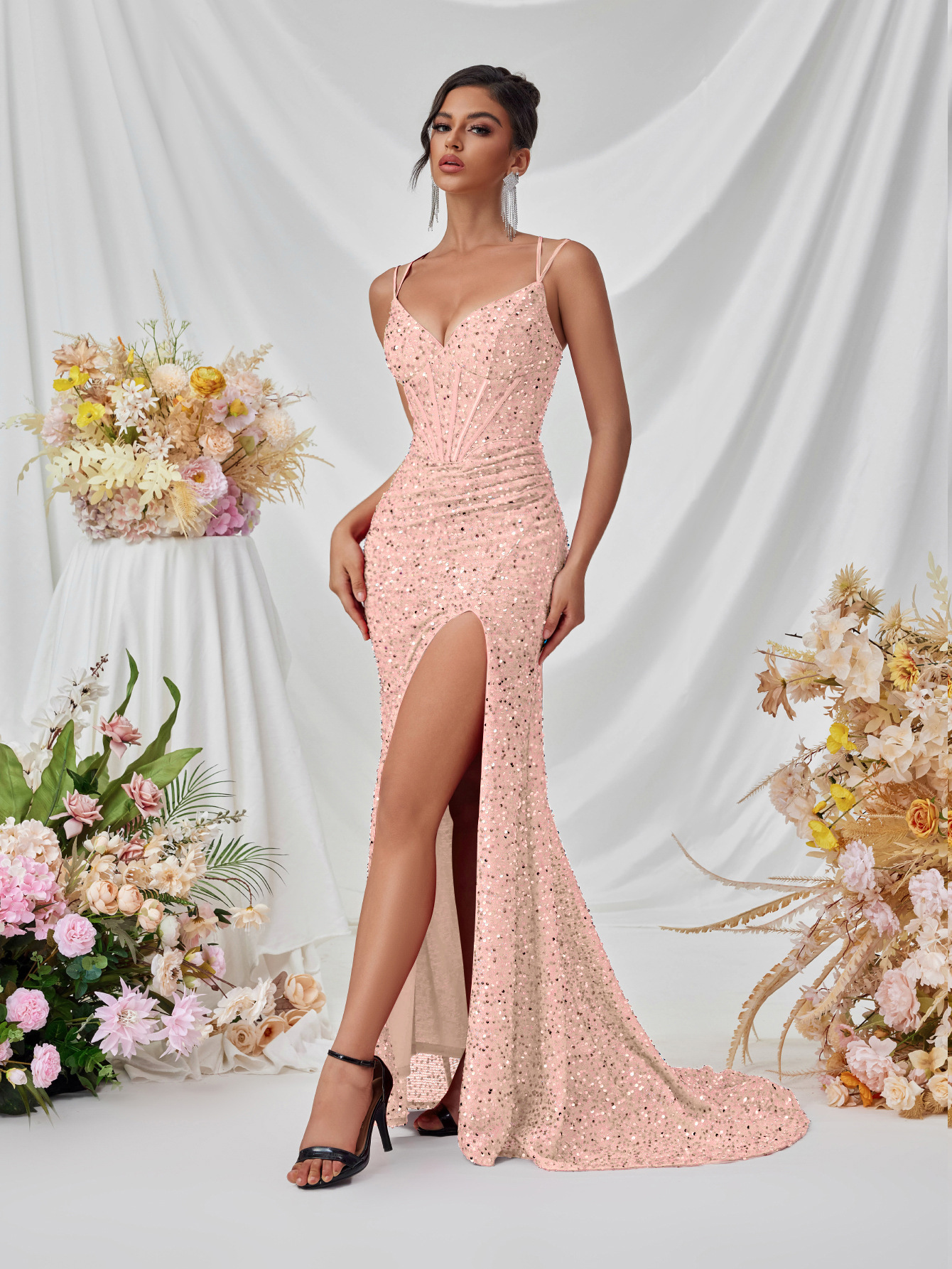 Sequin V-Neck Cami Mermaid Slit Evening Dress