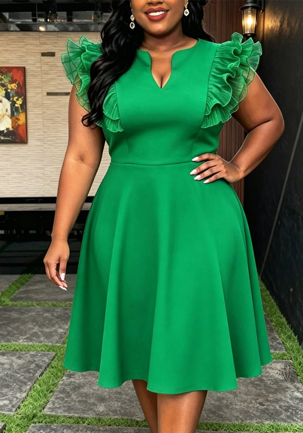 Plus Size Women Green Mesh Ruffle‑Shoulder V‑Neck Elegant Dress