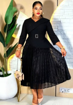 Plus Size Women Black Lace Faux Two‑Piece Turndown Collar 3/4‑Lace‑Sleeve Rhinestone Pleated Dress Plus Size Women Black Lace Faux Two‑Piece Turndown Collar 3/4‑Lace‑Sleeve Rhinestone Pleated Dress