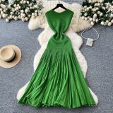 Women Sleeveless Knit Summer Pleated Patchwork Maxi Dress