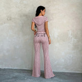 Women's Summer Slim Fit Polka Dot Short-Sleeve Zip-Up Pants Set