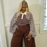 Women's Fall Light V-Neck Polo Stripe Bell-Sleeve Slim Fit Top