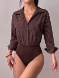Women Striped Turndown Collar Cuffed Long‑Sleeve Blouse Bodysuit