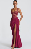 Women's Sexy V-Neck Lace Patchwork Waist-Cinching Lace-Up Slim Fit Slit Formal Dress