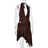 Women Sexy Twisted V‑Neck Halter Neck Backless Asymmetrical Dress