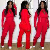 Women American‑Style Stand‑Collar Zipper Jacket & Bell Bottom Pants Two‑Piece Set