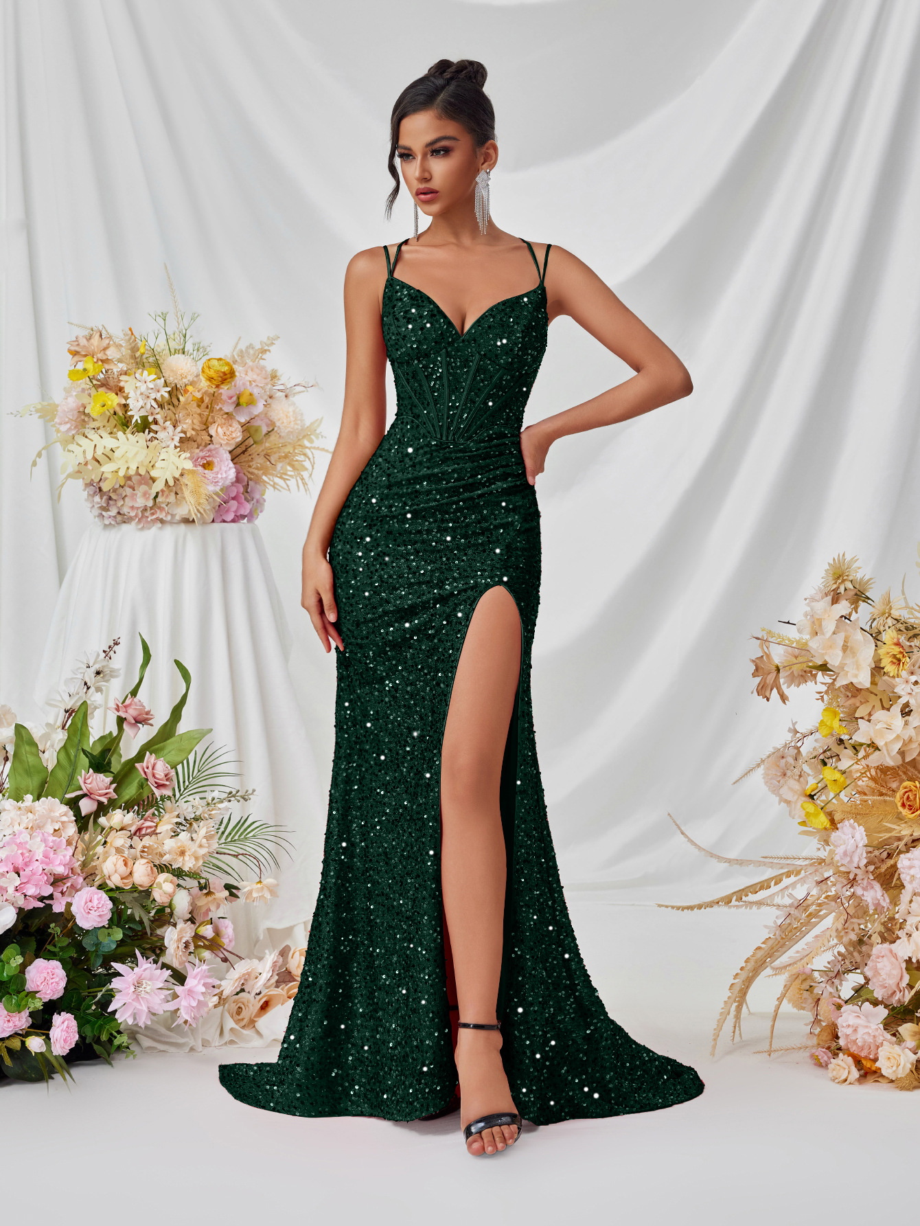 Sequin V-Neck Cami Mermaid Slit Evening Dress