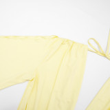 Women Autumn V‑Neck Draped Backless Tie‑Up Bell Bottom Long‑Sleeve Jumpsuit