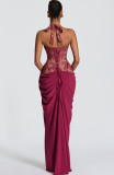 Women's Sexy V-Neck Lace Patchwork Waist-Cinching Lace-Up Slim Fit Slit Formal Dress