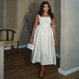Women's Casual Slim Waist Polka Dot Round Neck Sleeveless A-Line Strap Dress