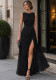 Women Black Slit Train Formal Party Maxi Dress