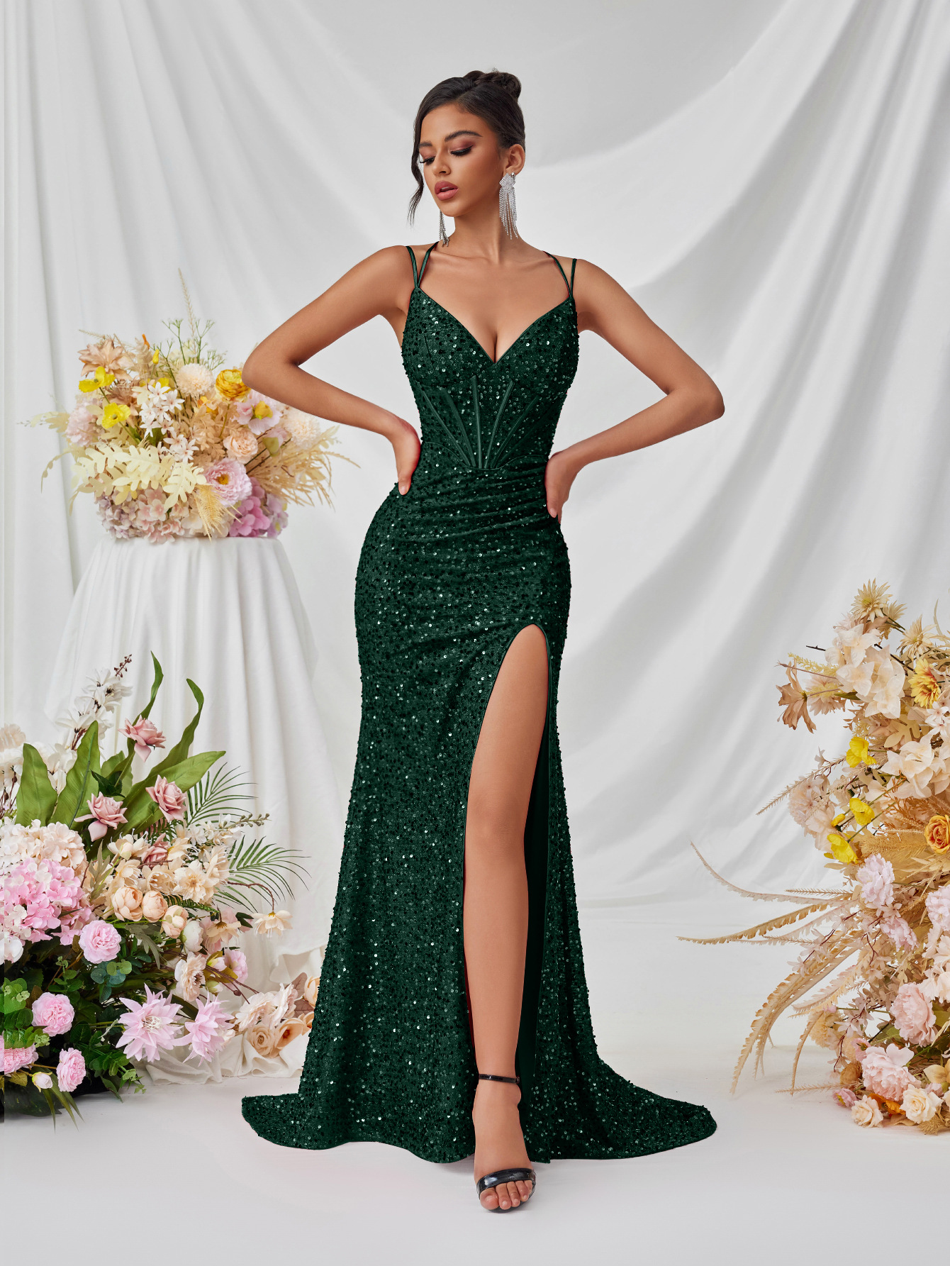 Sequin V-Neck Cami Mermaid Slit Evening Dress