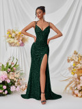 Women Sequin V‑Neck Sexy Cami Mermaid‑Slit Evening Dress