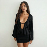 Women's Fall Solid Color V-Neck Hollow-Out Patchwork Slim Waist Ruched Bodycon Dress