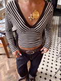 Women Striped V‑Neck Color‑Block Long‑Sleeve Basics T‑Shirt