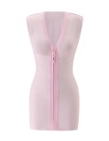 Women's Pink Deep V-Neck Sleeveless Zip-Up Slim Fit Bodycon Mini Party Dress