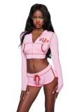 Women's Fashion Casual Printed Zip-Up Hooded Long-Sleeve Top and Drawstring Shorts Set