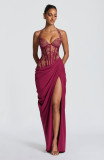 Women's Sexy V-Neck Lace Patchwork Waist-Cinching Lace-Up Slim Fit Slit Formal Dress