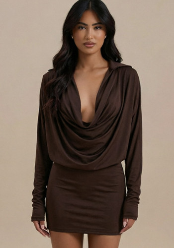 Women Autumn Turndown Collar Long‑Sleeve Bodycon Dress