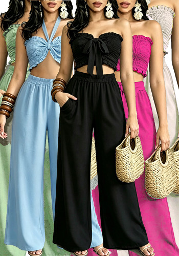Women Stretchy Halter Neck Top & Pocketed Wide‑Leg Pants Two‑Piece Set