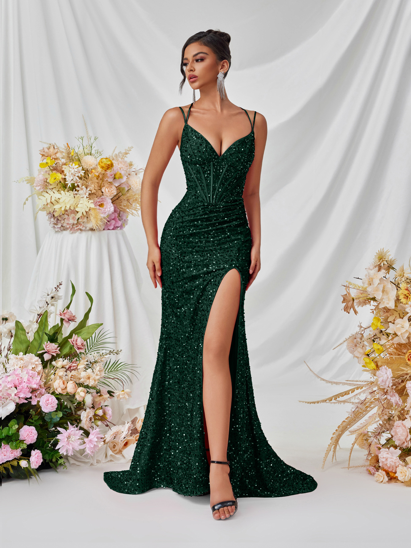 Sequin V-Neck Cami Mermaid Slit Evening Dress