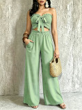 Women Stretchy Halter Neck Top & Pocketed Wide‑Leg Pants Two‑Piece Set