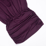 Women's Fall Solid Color V-Neck Hollow-Out Patchwork Slim Waist Ruched Bodycon Dress