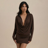 Women Autumn Turndown Collar Long‑Sleeve Bodycon Dress