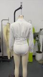 Women Turndown Collar Puff Long‑Sleeve Waist‑Tied Blouse Bodysuit
